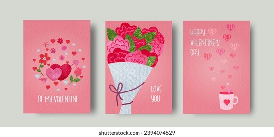 Set of vector watercolor cards for Valentine's day with hearts and flowers