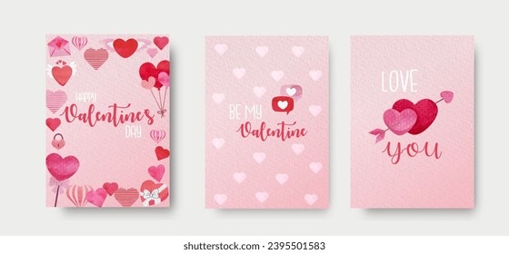 Juego de tarjetas de acuarela vectorial para el día de San Valentín con corazones y flores