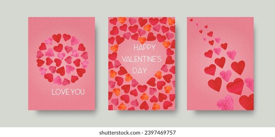 Set of vector watercolor cards for Valentine's day with hearts and flowers