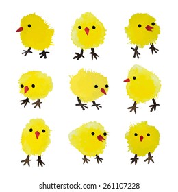 Set of vector watercolor chickens isolated on white background. Happy Easter day vector clip art for your design