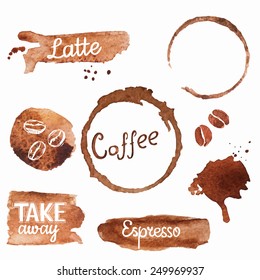 Set of vector watercolor coffee splashes, beans and stains of coffee cup