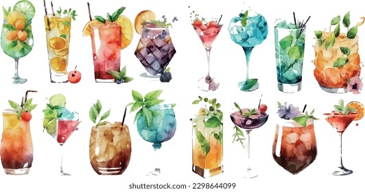 Set of vector watercolor colorful fruity summer cocktails. Summer party. Vector arrangements for greeting cards or party flyers