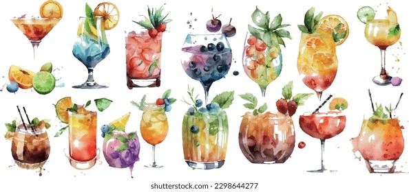 Set of vector watercolor colorful fruity summer cocktails. Summer party. Vector arrangements for greeting cards or party flyers