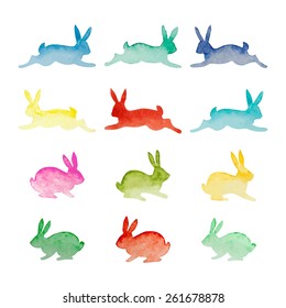 Set of vector watercolor colorful rabbits isolated on white background. Happy Easter day vector clip art for your design