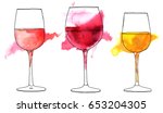 A set of vector and watercolor drawings of glass of rose, red, and white wine with splashes of paint, on white background