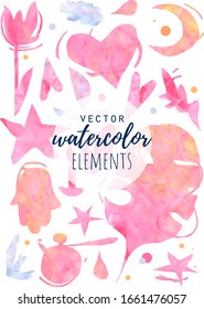 Set of vector watercolor elements pink colored. Illustration is isolated on white background. Girly theme include flower, heart, hand, star, moon and other images.