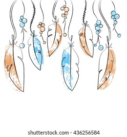 set of vector watercolor feathers and beads blue and orange 