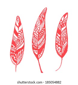 Set of vector watercolor feathers. Vector illustration.