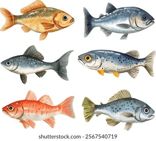 A set of vector Watercolor Fish. perfect for scrapbook, label, poster, print. delicious fish set