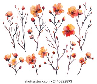 A set of vector watercolor flowers. Hand-painted. Illustration for scrapbook, label, poster, print, menu