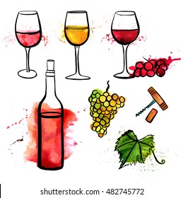 A set of vector and watercolor freehand drawings of glasses of red, white, and rose wine, with grapes and splashes of paint, bottle, corkscrew, and vine leaf, on white background