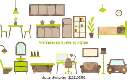 set of vector watercolor furniture illustration (brown, green)