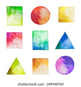 Set of vector watercolor geometric shapes. Watercolor design elements isolated on white background. Colorful square, rectangle, circle, triangle.
