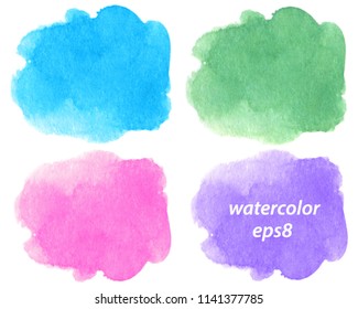 Set vector watercolor hand drawn isolated splash on white background for art design, decoration, label, tag, card. Colorful bright paper texture smear wet paint drop element collection