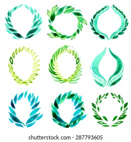 Set of vector watercolor handmade design elements with leafs and flowers