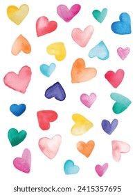 Set of vector watercolor hearts. Colorful watercolor hearts pattern. Romantic texture. Seamless background.