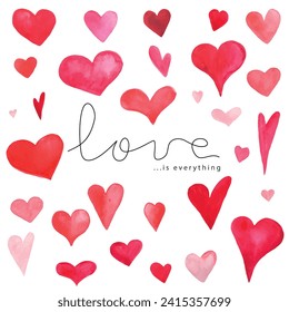 Set of vector watercolor hearts with hand drawn lettering. Romantic texture. Love is everything. Cards for Valentines day. Cute romantic hearts background.