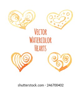 Set of vector watercolor hearts on a transparent background