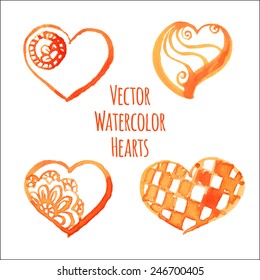 Set of vector watercolor hearts on a transparent background