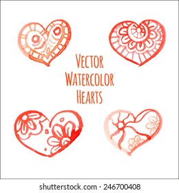 Set of vector watercolor hearts on a transparent background