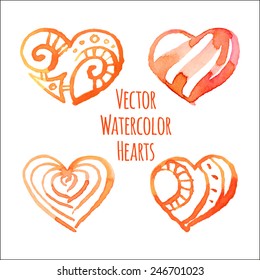 Set of vector watercolor hearts on a transparent background