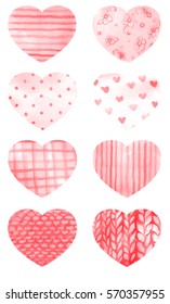 Set of vector watercolor hearts. Patchwork watercolor hearts with cute girlish vector chintz patterns.