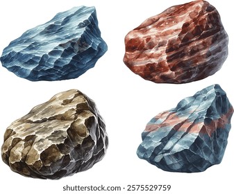 Set of vector watercolor illustrated realistic natural stone isolated on white background