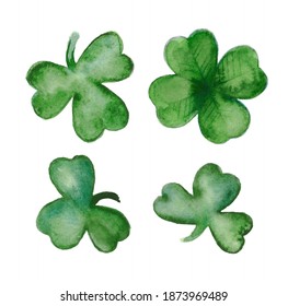 Set of vector watercolor illustrations with four-leafed, three-leaf clover isolated on white background. Decorative element for St. Patrick's Day. Luck symbol. Artwork for the design of card, banner