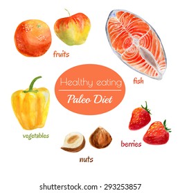Set of vector watercolor illustrations of fresh food - vegetables, nuts, fish, berries, fruits. Healthy eating Paleo diet. Isolated hazelnut, strawberry, orange, apple, pepper and salmon steak. 