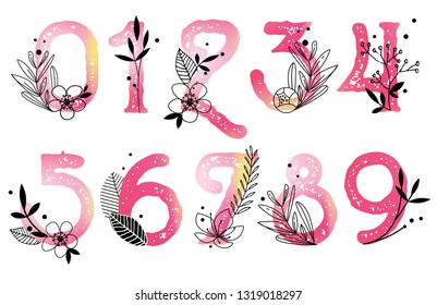 Set of vector watercolor numbers with florals for birthday and anniversary design