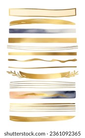 Set of vector watercolor paint brush stroke, artistic design elements. Gold Borders