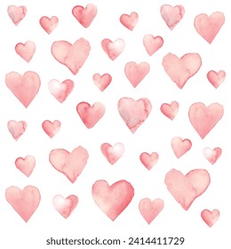 Set of vector watercolor pink hearts. Hearts pattern with hand written text. Cute hand drawn hearts pattern, romantic background. Vector design for greeting card, banners, textile, wrapping paper.