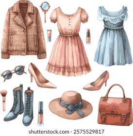 Set of vector watercolor romantic parisan clothes, shoes and cosmetics 