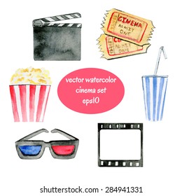 Set of vector watercolor sketchy cinema attributes.