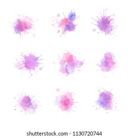 Set of vector watercolor splash blots. Pink and violet paint stains collection isplated on white background. 