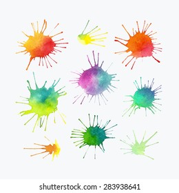 Set of vector watercolor splashes, colorful isolated blobs. 