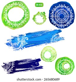 Set of vector watercolor splatters with ornament.  Artistic vector design for banners, greeting cards,sales, posters.EPS10