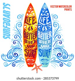 Set of vector watercolor surfboards with hand-lettering
