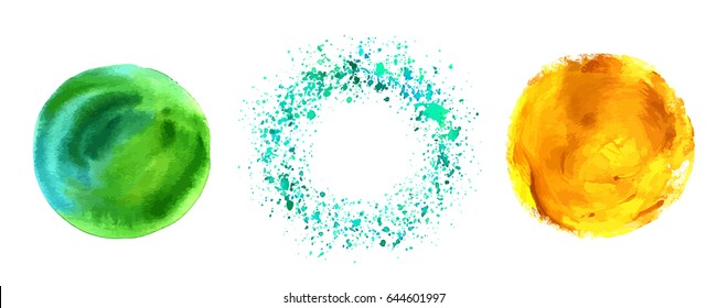 A set of vector watercolor textured frames in teal blue, green, and golden. Abstract hand painted circles and splashes with a place for logo or text, on white background