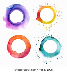 A set of vector watercolor textures: purple, yellow, pink, and teal blue abstract hand painted circles with a place for text, on white background