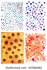 A set of vector watercolor textures with quirky dots in various colours; abstract backgrounds for design