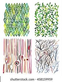 Set of vector watercolor textures representing natural elements: abstract green leaves and tree trunks and brunches