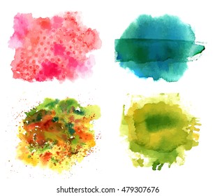 Set of vector watercolor textures representing four seasons of year: abstract teal brushstrokes (wind), pink dabs (blooming flowers), green dots (grass), and orange stain (leaves)