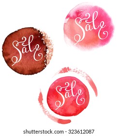 A set of vector watercolor textures with the word 'Sale' written in modern calligraphy script