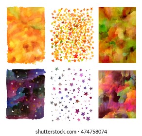 A set of vector watercolor textures with yellow and purple brush strokes and splashes, an abstract representation of the days and nights of autumn