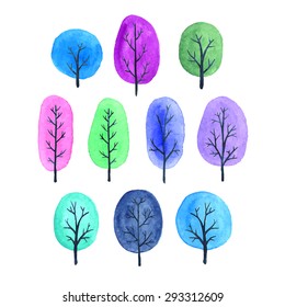 Set of vector watercolor trees. Bright colors - pink, blue, green, violet, purple, grey. Isolated.