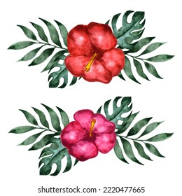 Set of vector watercolor tropical bouquet with red and pink rose hibiscus flower and palm leaves. Exotic hawaii composition, aloha print