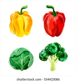 Set of vector watercolor vegetables. Pepper, broccoli, brussels sprout