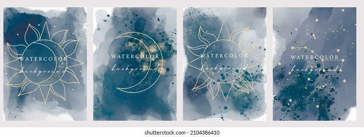 Set of vector watercolour universal backgrounds with glitter and copy space for text. Astrology elemen, space objects, stars, sun and moon. Vector illustration 