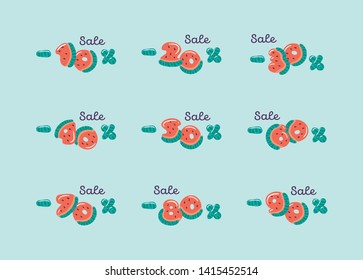 Set of vector watermelon discount banner. Design element for poster for sale of children goods, services and travel souvenirs. Cute watermelon number carved from slices with seeds. Summer font.